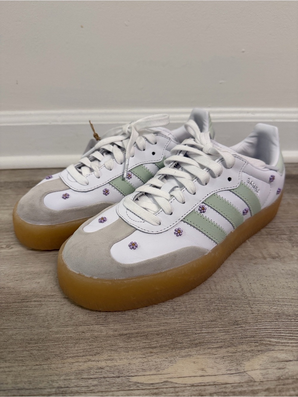 adidas Sambae White Sneakers with Sage Green Stripes and Purple Floral Accents